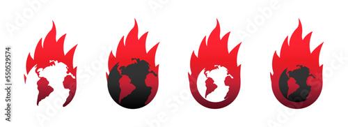 The earth is on fire. Burning world. Fire planet logo. Flat vector illustration.
