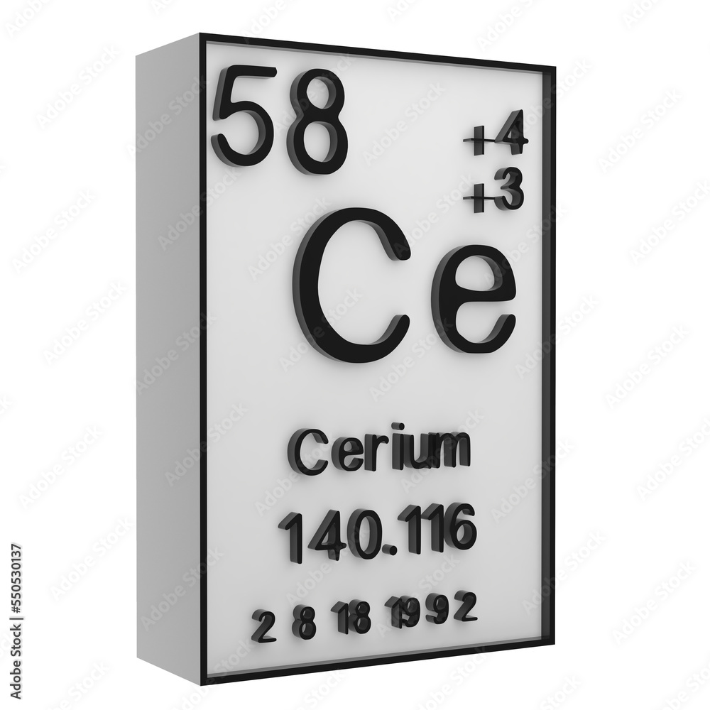 Cerium,Phosphorus on the periodic table of the elements on white blackground,history of chemical elements, represents the atomic number and symbol.,3d rendering