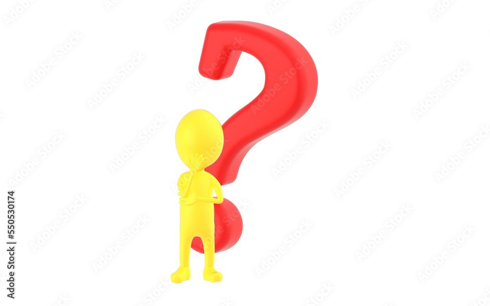 3d yellow character thinking in front of a question mark 3d yellow character thinking in front of a question mark