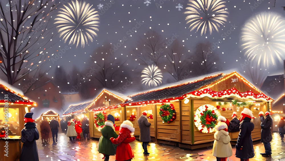 european christmas market at night with christmas tree, snowfalkes, firework and gifts - painting european christmas market at night with christmas tree, snowfalkes, firework and gifts - painting