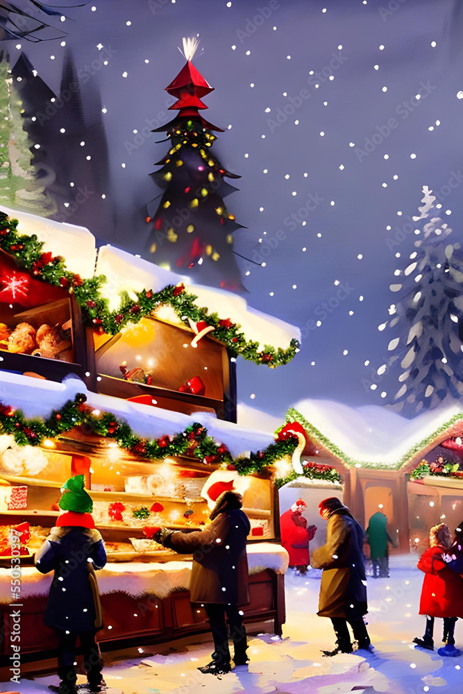 Christmas fair with christmas tree, snowfalkes, firework and gifts - painting Christmas fair with christmas tree, snowfalkes, firework and gifts - painting
