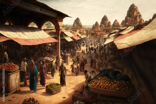 AI generated image of an ancient Indian market with many small shops and customers in attendance