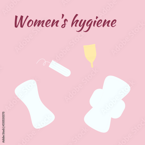 Icons, buttons, stickers with different pads, tampon, menstruation cup and text Women's hygiene on pink background