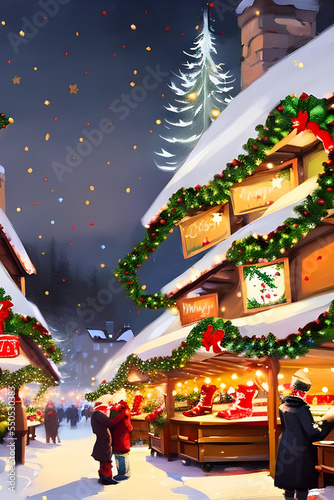 european christmas market at night with christmas tree, snowfalkes, firework and gifts - painting 