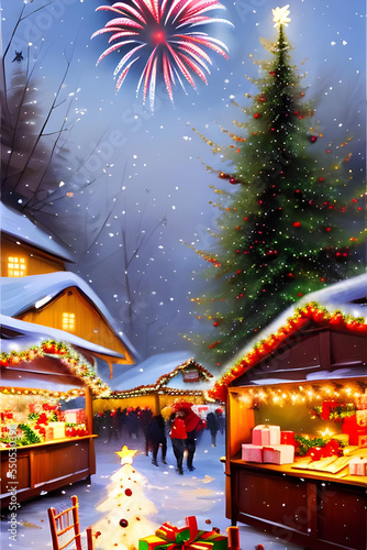 european christmas market at night with christmas tree, snowfalkes, firework and gifts - painting 