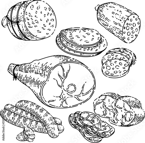 sausages meat set hand drawn vector. ham food, beef, salami, pork, butcher tool, bbq bacon sausages meat sketch. isolated black illustration