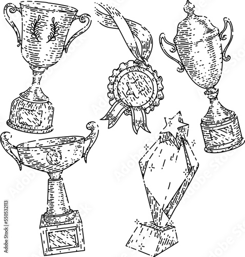 trophy cup set hand drawn vector. award winner, champion prize, victory win, sport competition, first place medal trophy cup sketch. isolated black illustration