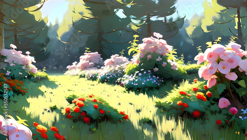 cute cosy flower forest in spring with colourful flowers  trees  grass and sunlight - painting