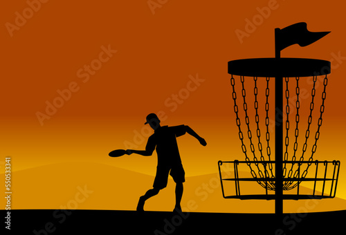Great editable vector of discgolf throwing illustration with beautiful scene in the background best for any digital graphic or print 