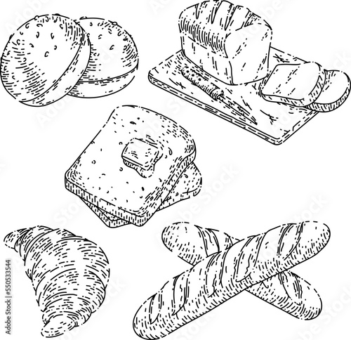 bread bakery food set hand drawn vector. pastry loaf, flour bun, whead croussant, breakfast toast, french bake bread bakery food sketch. isolated black illustration