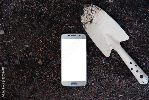 Smart phone agriculture app mock up screen,concept of app advertisement and farm or soil or fertilizer product promotion showing with copy space.