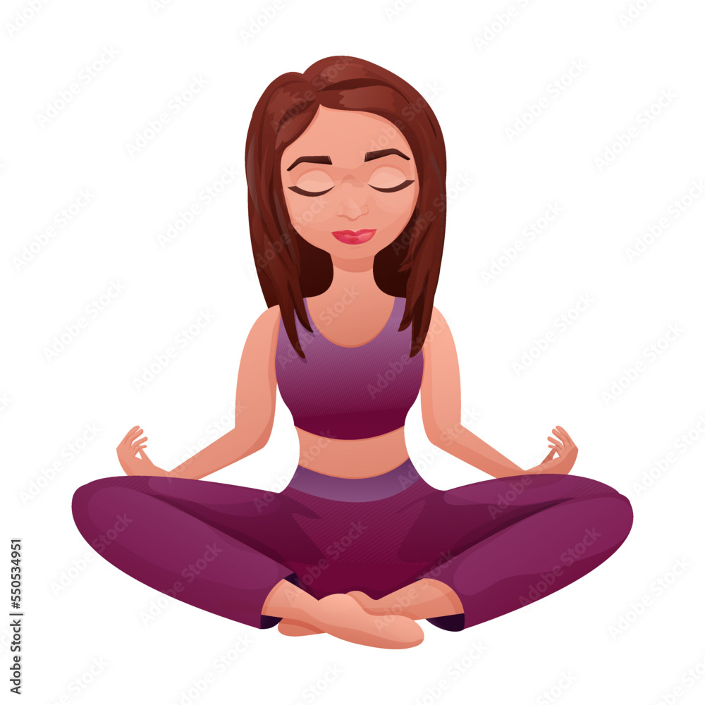 Meditation female character sitting in lotus pose, back view in cartoon style isolated on white background. Meditation female character sitting in lotus pose, back view in cartoon style isolated on white background.