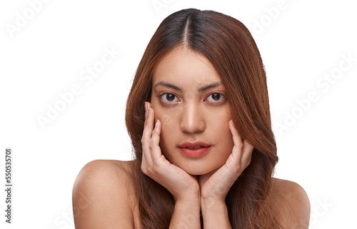 PNG Studio shot of a beautiful young woman with long brown hair against a white background
