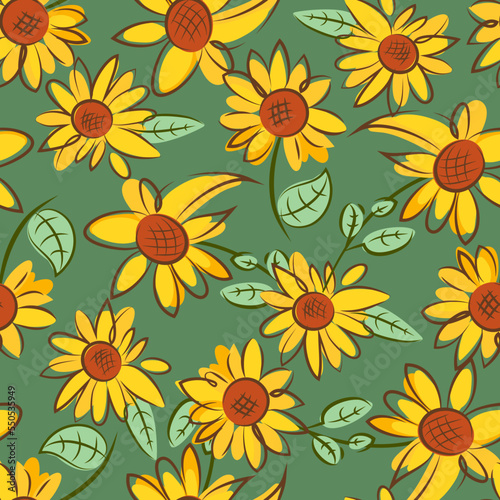 .Abstract sunflowers on a green background . Doodle seamless pattern. Hand draw vector floral design.
