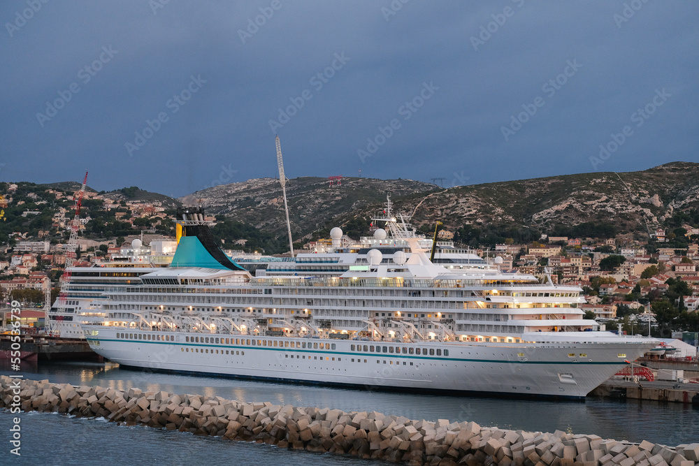 Phoenix cruiseship Artania and Costa cruise ship liner Pacifica for maintenance repair overhaul dry dock service work in port of Marseille Provence, France