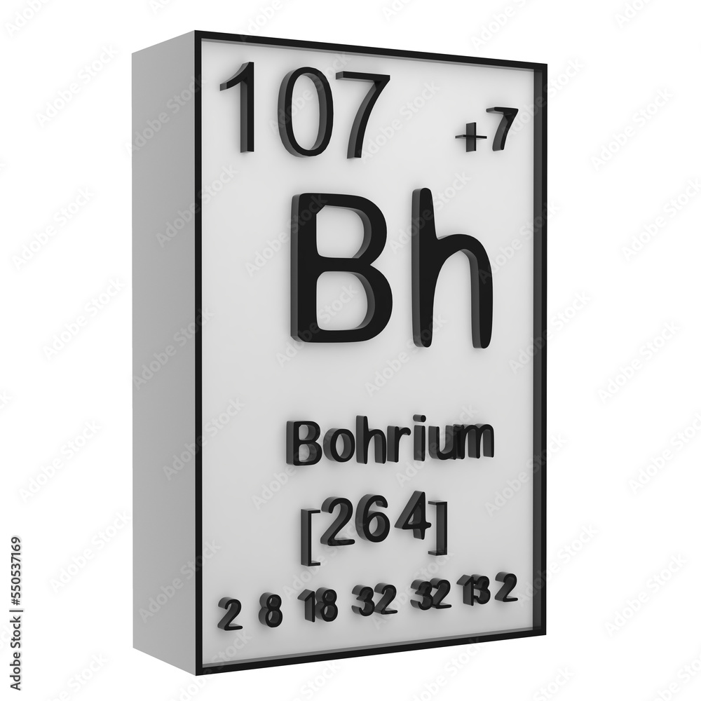 Bohrium,Phosphorus on the periodic table of the elements on white blackground,history of chemical elements, represents the atomic number and symbol.,3d rendering
