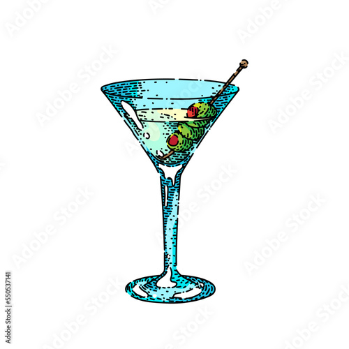 martini cocktail hand drawn vector. gin glass, drink vodka, bar dry olive martini cocktail sketch. isolated color illustration