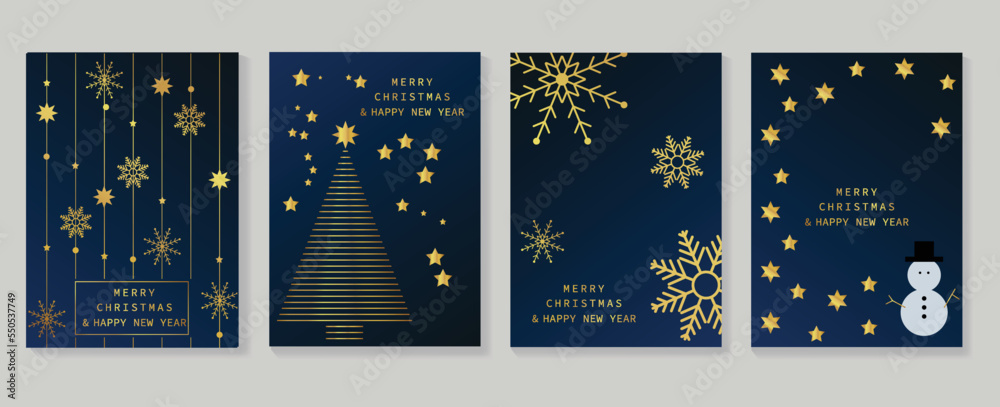 Luxury christmas and happy new year holiday cover template vector set. Decorated gradient gold christmas tree, snowflakes, stars. Design illustration for card, corporate, greeting, wallpaper, poster.