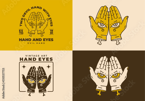 Vintage art illustration of two hand with eyes