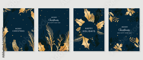 Luxury christmas and happy new year holiday cover template vector set. Gradient gold winter pine leaf branch and holly on dark background. Design for card, corporate, greeting, wallpaper, poster.