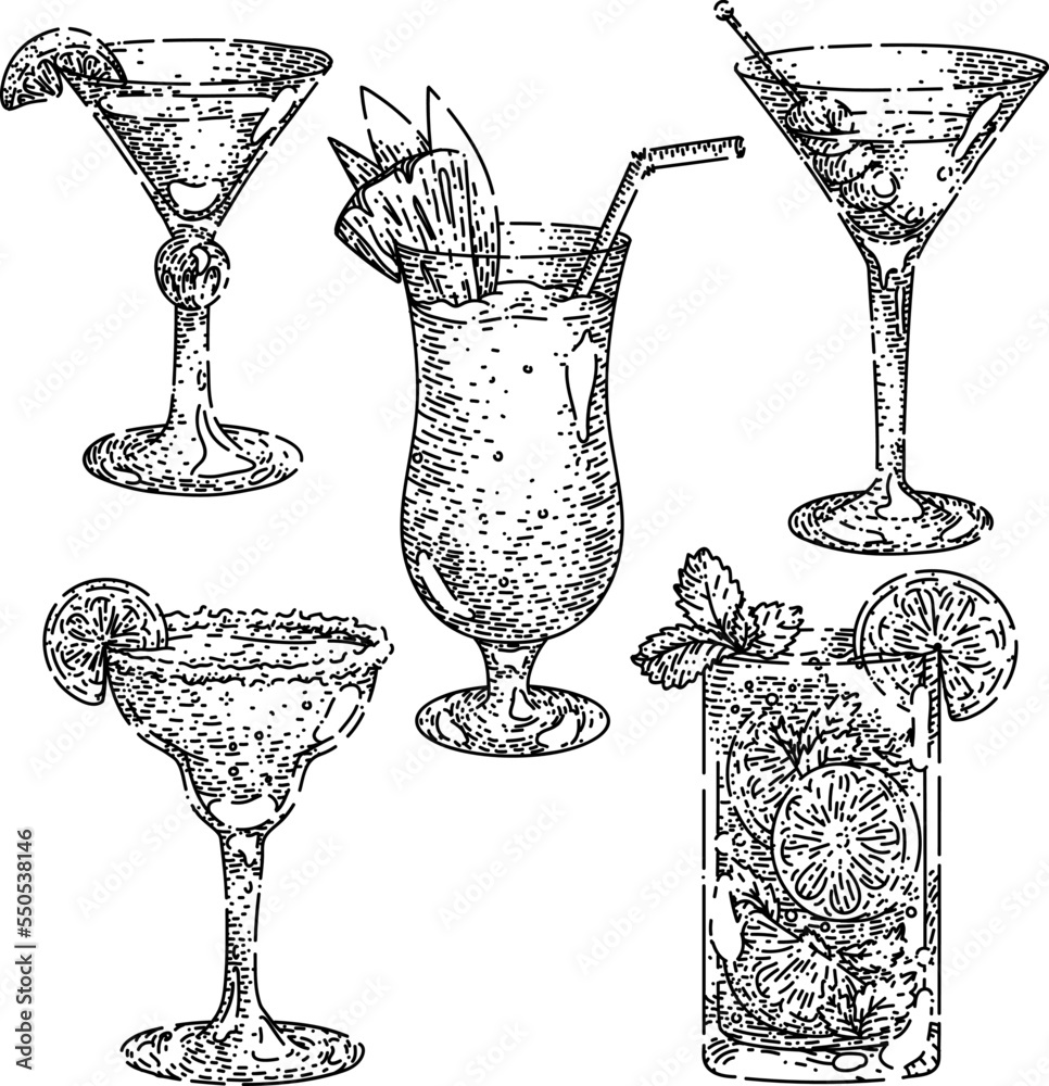 Cocktail Drink Set Hand Drawn Vector. Bar Alcohol Glass, Ice Gin, Party 