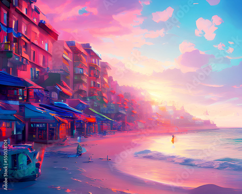 Violet Sunset Beach - Vibrant Landscape Art
