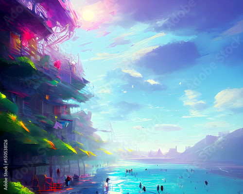 Blue Green Tropical Beach - Vibrant Landscape Art
