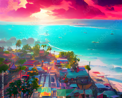 Beautiful Tropical Seaside Village - Vibrant Landscape Art