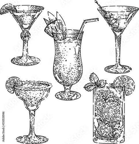 cocktail drink set hand drawn vector. bar alcohol glass, ice gin, party vodka liquor beverage, summer juice cocktail drink sketch. isolated black illustration