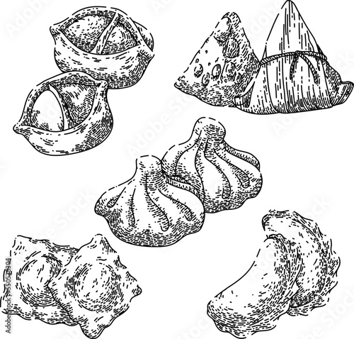 dumpling chinese set hand drawn vector. gyoza fried, rice ravioli manti khinkali, korean asian food dumpling chinese sketch. isolated black illustration