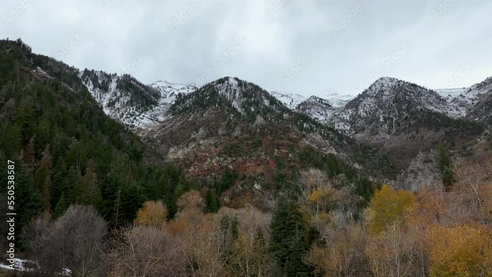 Aerial Mount Nebo Utah snow fall leaves. Beautiful season winter snow on Wasatch mountain forest. Mount Nebo, Central Utah. Canyon valley and trails. Travel destination. Aerial Mount Nebo Utah snow fall leaves. Beautiful season winter snow on Wasatch mountain forest. Mount Nebo, Central Utah. Canyon valley and trails. Travel destination.