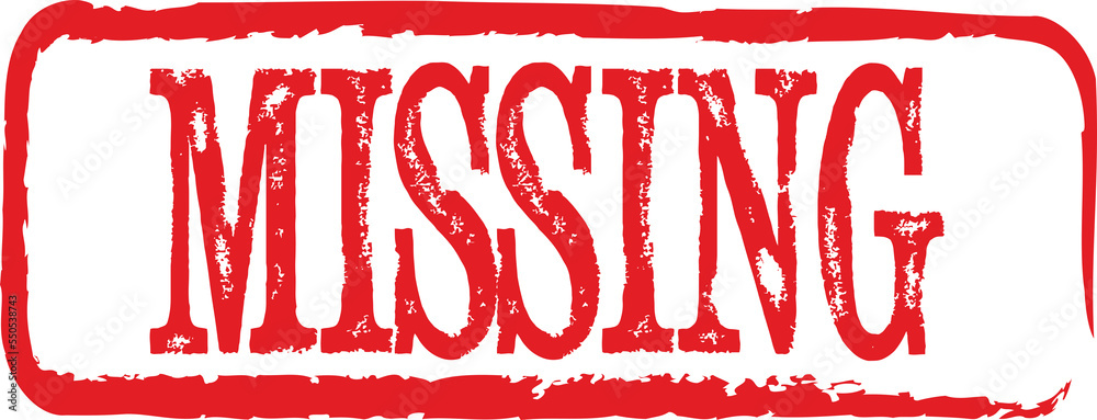The word 'missing' written on a red rubber stamp The word 'missing' written on a red rubber stamp
