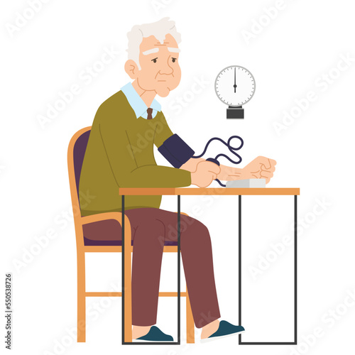an elderly man measures blood pressure with a tonometer. Grandfather sitting at the table measures his blood pressure. vector illustration.