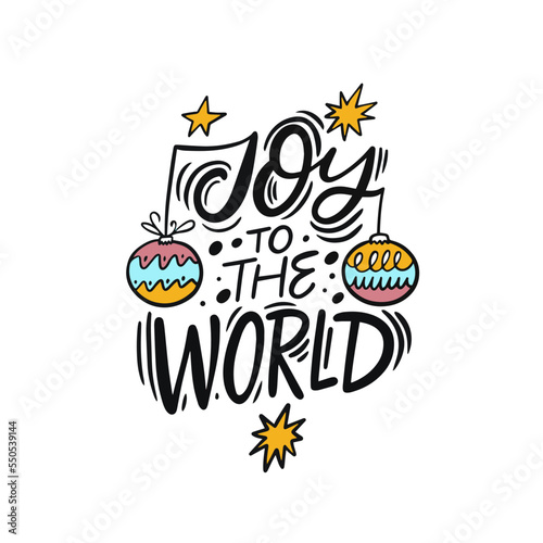 "Joy to the world" - a phrase in black text adorned with two colorful ornaments, radiates the festive spirit of Christmas. Perfect for spreading cheer and goodwill during the holiday season.