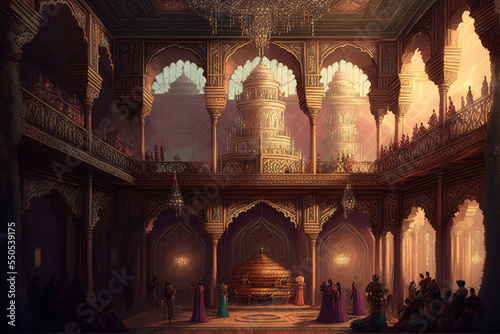 AI generated image depicting the throne room and court of an ancient Indian king, with ministers and courtiers in attendance. Durbar hall.	
 photo