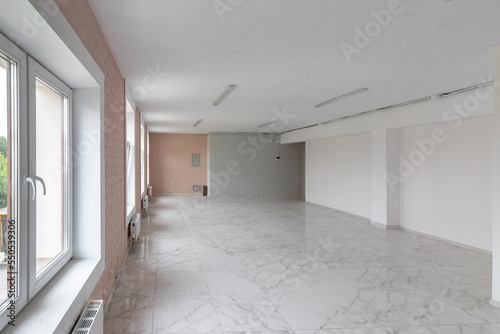 Empty room with raise floor or access floor or table floor with grid line clean new and symmetry in perspective view, Perspective straight grid line of floor material in white color background