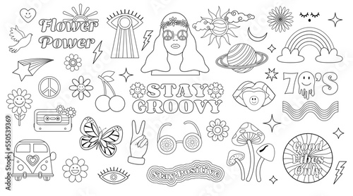 Groovy hippie 70s set of elements black and white coloring. Silhouette Girl, daisy flowers, mushroom, love, sunshine, lips, rainbow, bus etc. Vector clipart black stroke