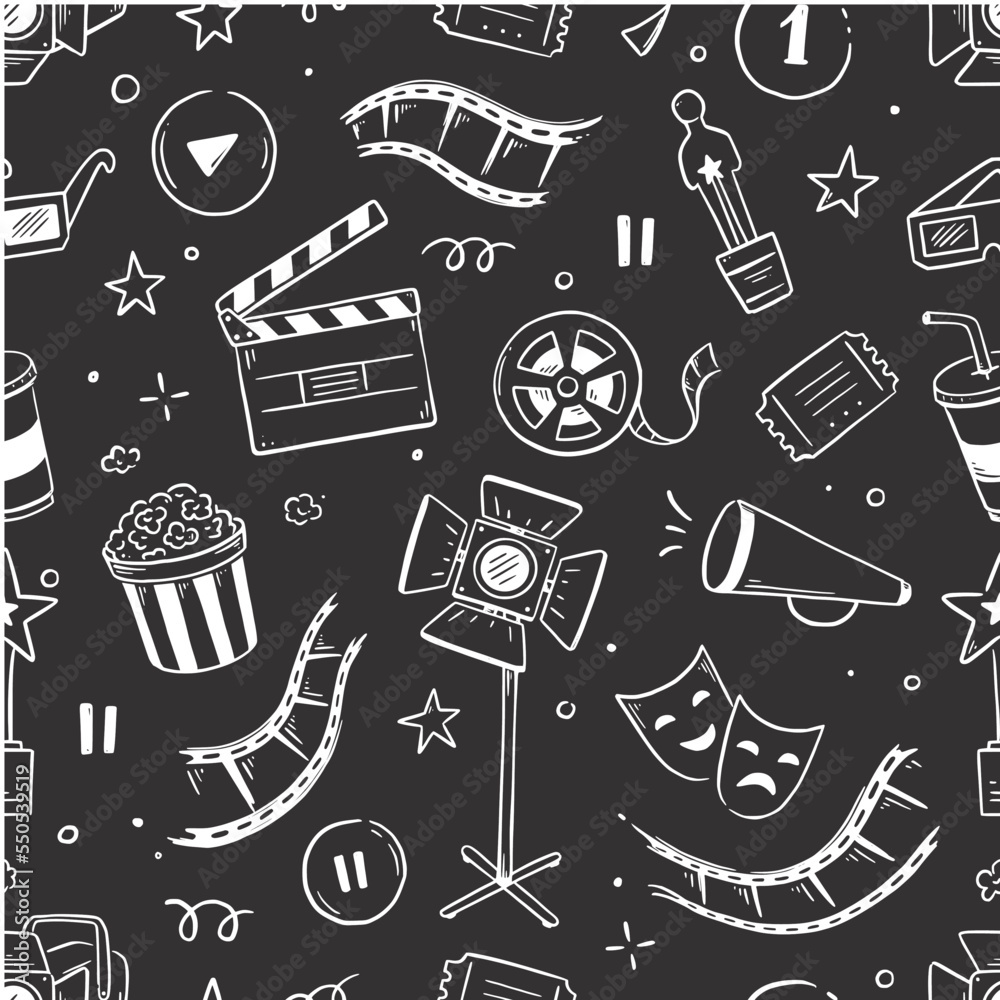 Movie, cinema vector pattern. Doodle hand drawn sketch style movie seamless pattern. Cinema elements for media production, festival, theater background. Vector illustration.