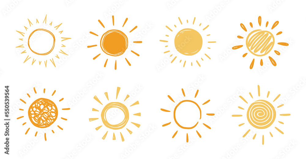 Doodle sun sketch illustration. Hand drawn cute yellow, orange sun set. Scribble doodle children drawn style. Vector illustration
