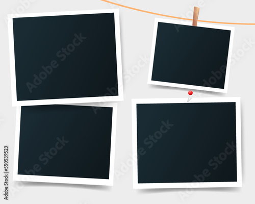 Collage photo frames on gray background. Retro snapshots, instant photos mockup hanging on a thread. Photo template for Scrapbook. Vector illustration