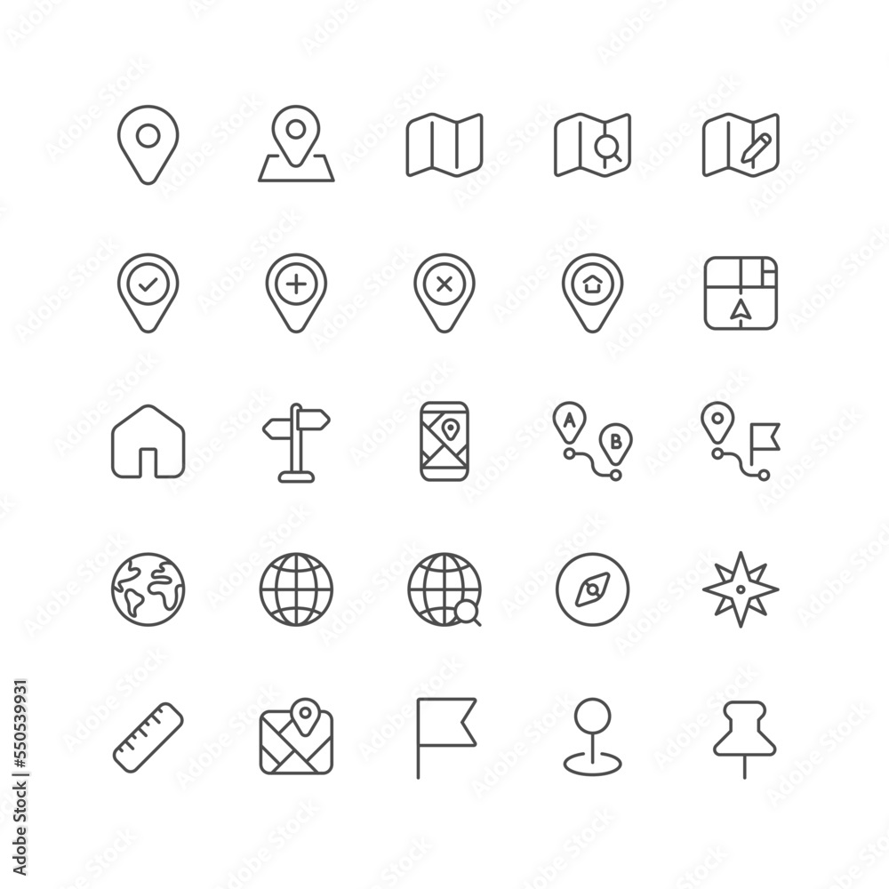 Outline icon collection for ui. Vector thin line illustration set. Travel location, cartography and map destination symbol isolated on white background. Design element Outline icon collection for ui. Vector thin line illustration set. Travel location, cartography and map destination symbol isolated on white background. Design element