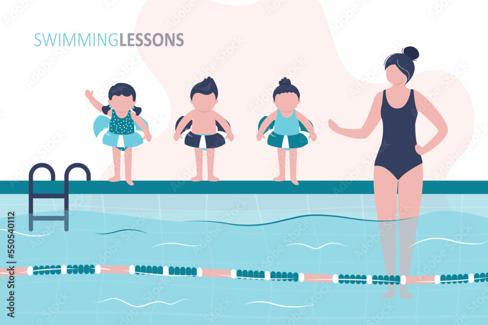 Coach woman teaching children, swimming class. School kids group in