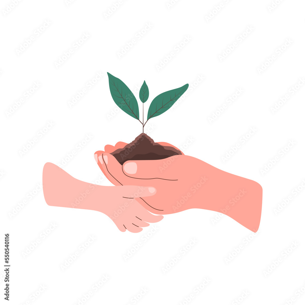 A hand holds a small tree for planting. The adult's and child's palms hold the soil. World Soil Day. Vector Illustration isolated on the white background A hand holds a small tree for planting. The adult's and child's palms hold the soil. World Soil Day. Vector Illustration isolated on the white background
