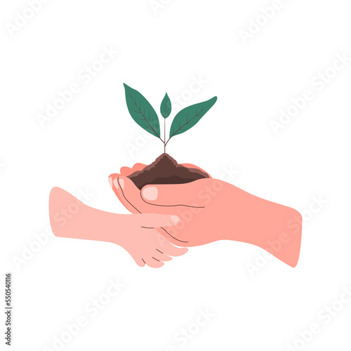 A hand holds a small tree for planting. The adult's and child's palms hold the soil. World Soil Day. Vector Illustration isolated on the white background
