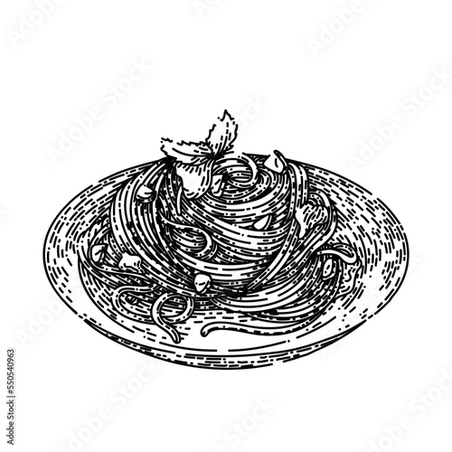 spaghetti pasta hand drawn vector. food sauce, italian dinner, cooked meal spaghetti pasta sketch. isolated black illustration