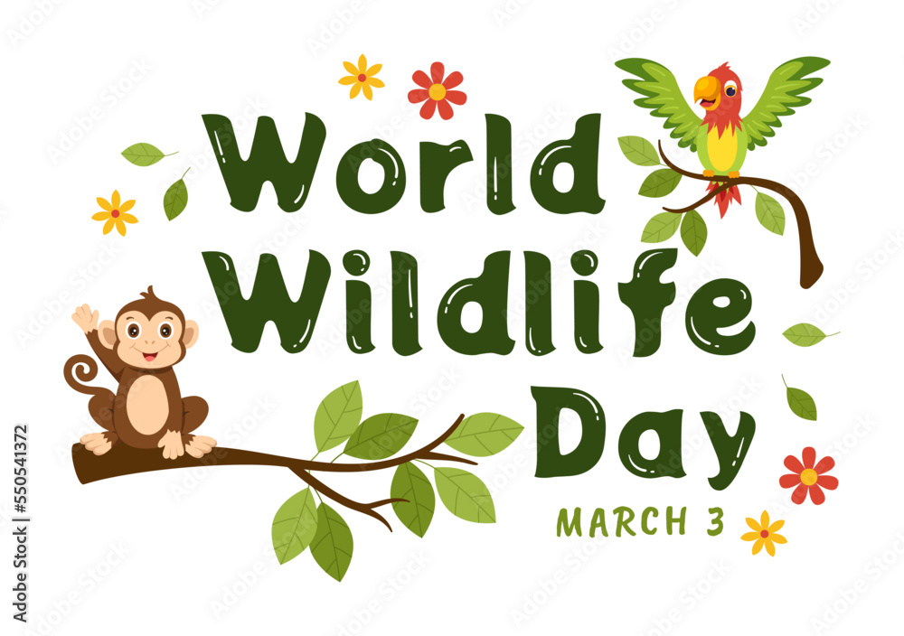 Naklejka premium World Wildlife Day on March 3rd to Raise Animal Awareness, Plant and Preserve Their Habitat in Forest in Flat Cartoon Hand Drawn Template Illustration