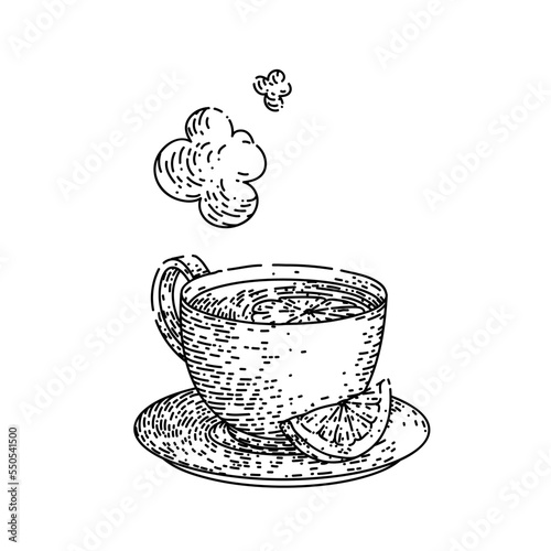 lemon tea hand drawn vector. cup hot drink, herb citrus beverage, morning teacup lemon tea sketch. isolated black illustration