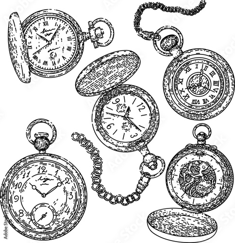 watch pocket old set hand drawn vector. vintage clock, antique time, retro chain, gold classic timer watch pocket old sketch. isolated black illustration