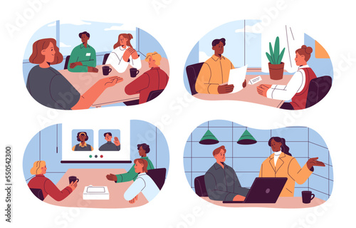 Office work set. Employee teams at meeting, laptop, workplace. Daily business routine, job interview, conference, communication with coworkers. Flat vector illustrations isolated on white background
