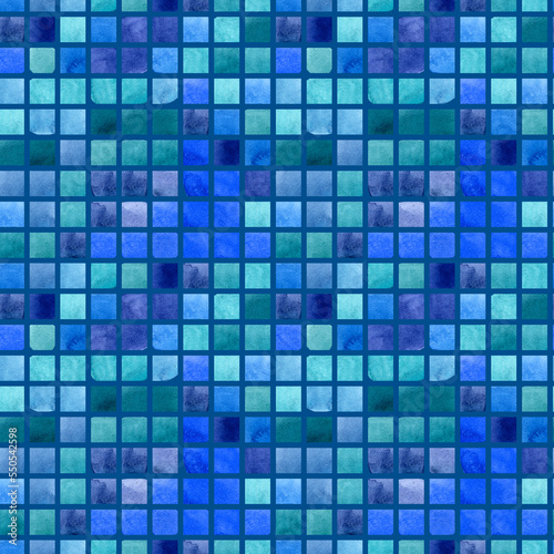 Watercolor blue green square mosaic seamless pattern. Illustration on blue background. For fabric, sketchbook, wallpaper, wrapping paper.